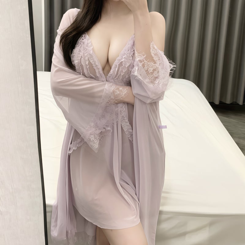 Plus Size Lightweight Lounge Sleep Dress with Mesh Detail and Adjustable Straps