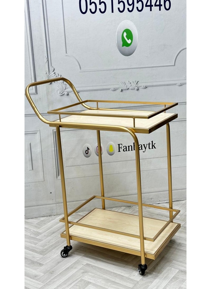 fan baytk Golden iron and beige wood serving cart: The ideal dimensions are 60 x 40 x 85 cm, adding a touch of luxury and elegance to any space. Ideal for use in living rooms, offices, or even as an artistic piece in a special corner. - Image 1