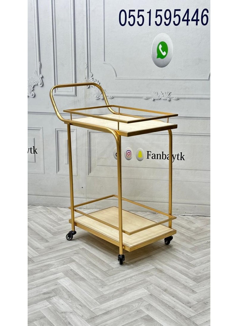 fan baytk Golden iron and beige wood serving cart: The ideal dimensions are 60 x 40 x 85 cm, adding a touch of luxury and elegance to any space. Ideal for use in living rooms, offices, or even as an artistic piece in a special corner. - Image 2