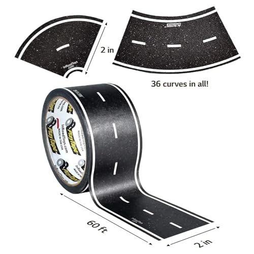 PlayTape Road Tape and Curves for Toy Cars 1 Roll of 60 ft x 2 in Asphalt Road 1 Roll of 36 Curves - Image 5