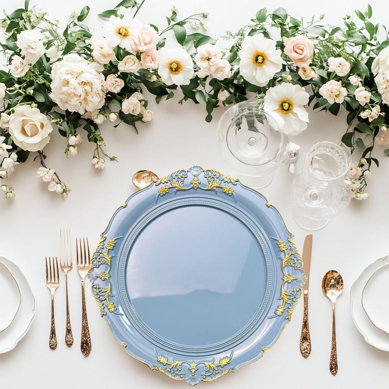 Umisriro Blue Charger Plates 13 Inch Embossed Chargers for Dinner Plates Plastic Charger for Wedding Party Set of 6 - Image 5