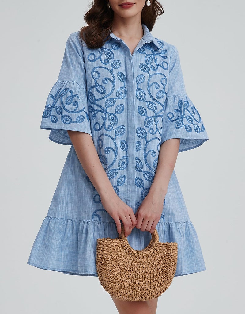 Kedera Women's Tunic Shirt Mini Dress Embroidered Floral Dress Button Up Ruffle Hem Shift Dresses with Pockets Blue - Image 5