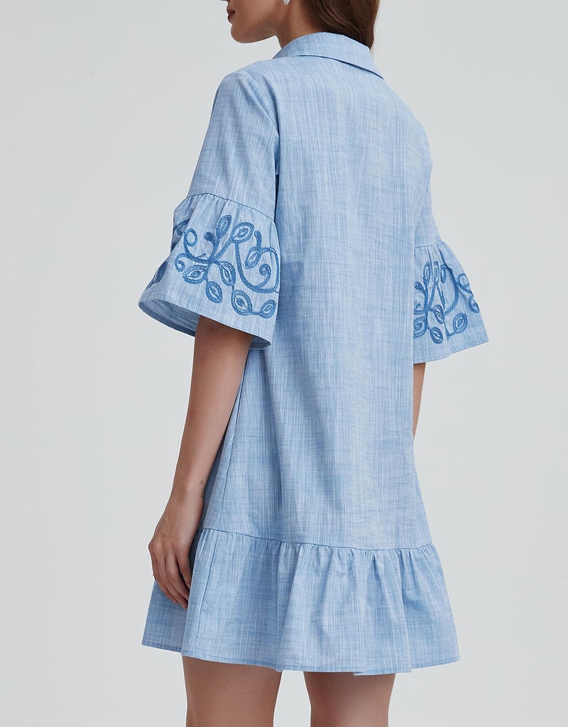 Kedera Women's Tunic Shirt Mini Dress Embroidered Floral Dress Button Up Ruffle Hem Shift Dresses with Pockets Blue - Image 2