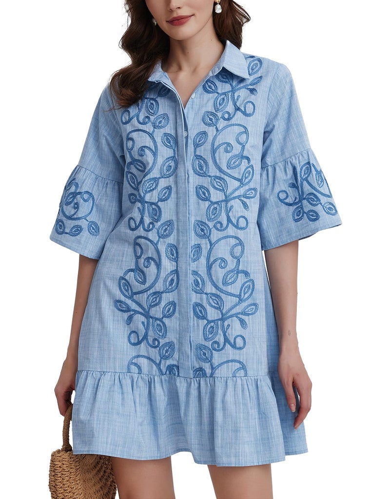 Kedera Women's Tunic Shirt Mini Dress Embroidered Floral Dress Button Up Ruffle Hem Shift Dresses with Pockets Blue - Image 1