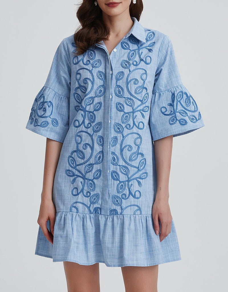 Kedera Women's Tunic Shirt Mini Dress Embroidered Floral Dress Button Up Ruffle Hem Shift Dresses with Pockets Blue - Image 3
