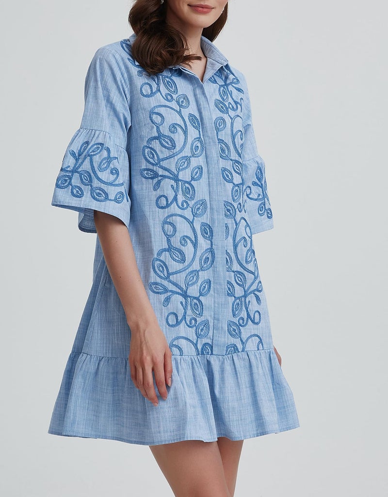 Kedera Women's Tunic Shirt Mini Dress Embroidered Floral Dress Button Up Ruffle Hem Shift Dresses with Pockets Blue - Image 4