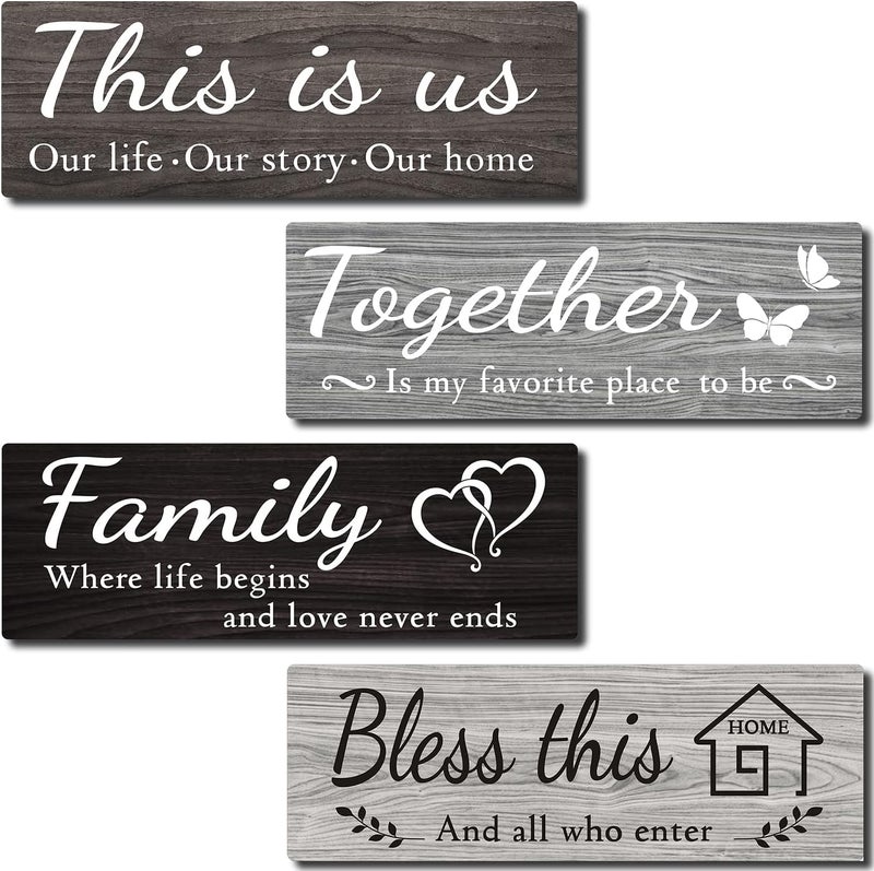 IDATOO 4 Pieces Home Wall Decor Signs, This is Us/ Together/ Bless this/ Family Rustic Wooden Wall Art with Quotes for Living Room Bedroom Kitchen Farmhouse Decor,Housewarming Gifts (Grey Black White, 15 x 5.1 inch) - Image 1