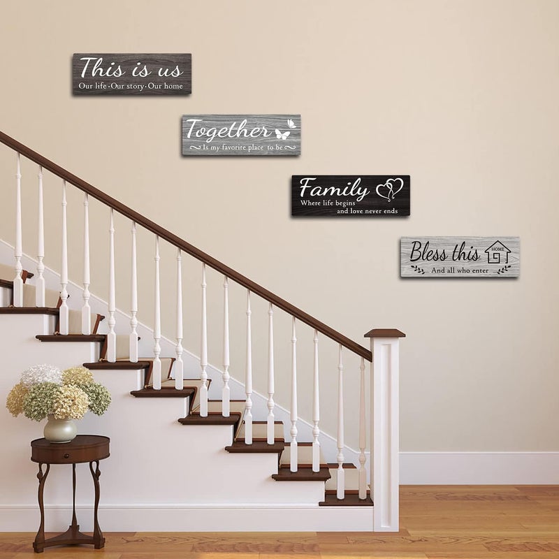 IDATOO 4 Pieces Home Wall Decor Signs, This is Us/ Together/ Bless this/ Family Rustic Wooden Wall Art with Quotes for Living Room Bedroom Kitchen Farmhouse Decor,Housewarming Gifts (Grey Black White, 15 x 5.1 inch) - Image 3