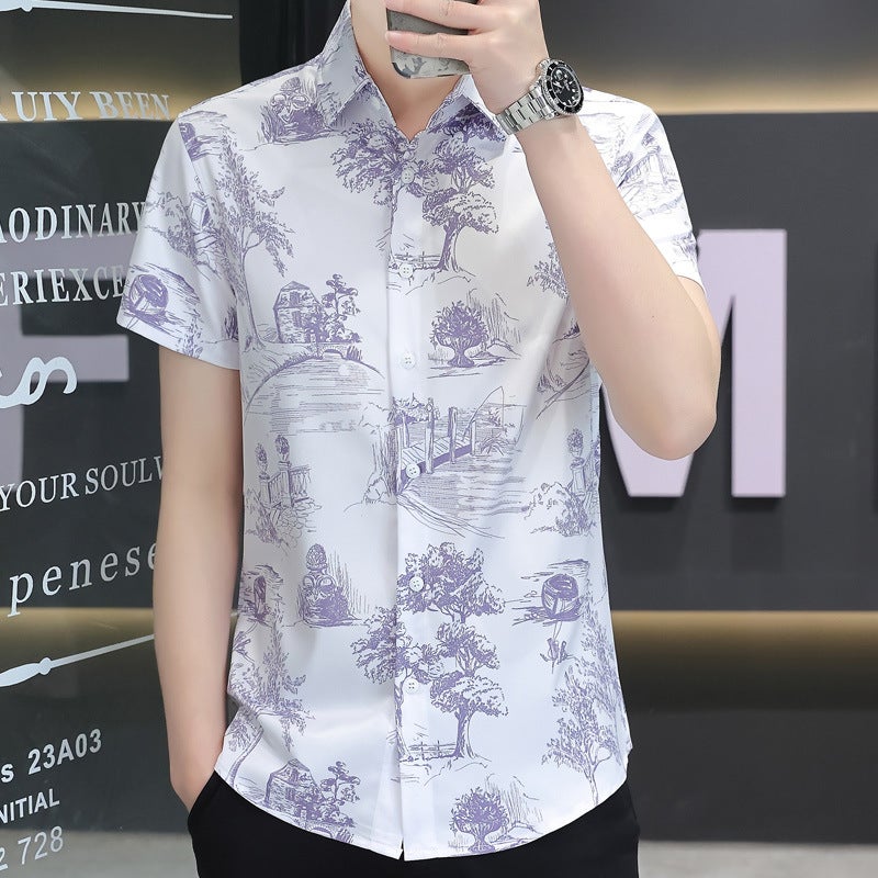 H543 Junior Summer Ice Silk Digital Printing Explosions Short-Sleeved Casual Shirt - Image 1