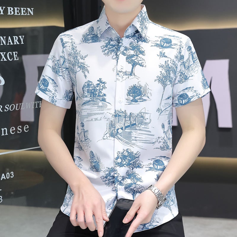 H543 Junior Summer Ice Silk Digital Printing Explosions Short-Sleeved Casual Shirt - Image 5