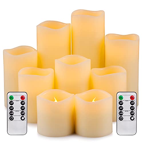 RY King Large Flameless Candle Set of 9 (D 3" x H 3", 3", 4", 4", 5", 5", 6", 7", 8") Battery Operated LED Pillar Real Wax Candles with Remote Control Timer - Image 1