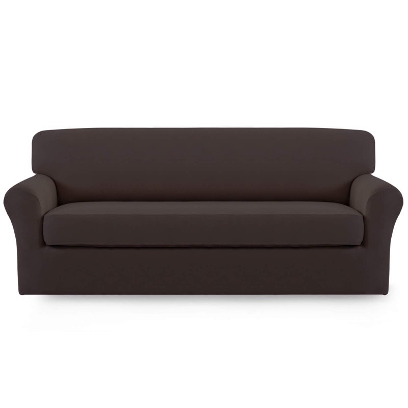 Easy-Going EasyGoing 2 Pieces Microfiber Stretch Sofa Slipcover  Spandex Soft Fitted Sofa Couch Cover Washable Furniture Protector with Elastic Bottom KidsPet Sofa Chocolate - Image 1