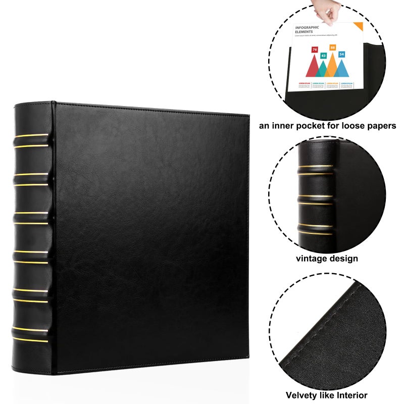 LETVPVOW Vintage Hardback 3 Ring Binder 2 Inch, Professional Leather Binders 2 Inch D Ring, Holds 400 Sheets Capacity - Black - Image 3