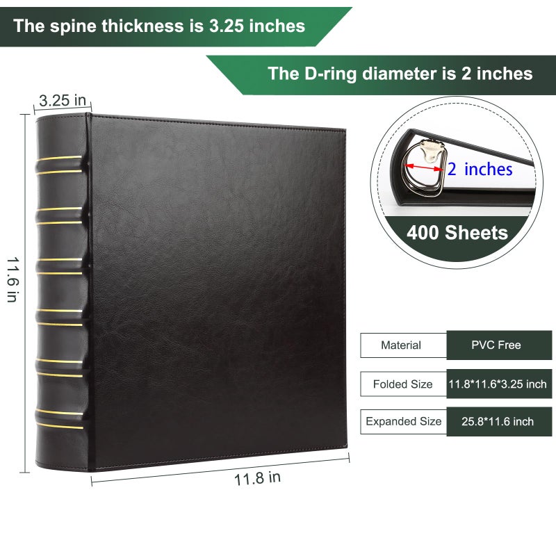 LETVPVOW Vintage Hardback 3 Ring Binder 2 Inch, Professional Leather Binders 2 Inch D Ring, Holds 400 Sheets Capacity - Black - Image 2