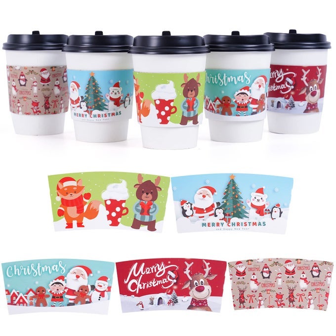 CHRISTMAS COFFEE CUP SLEEVES 40 COUNT HOT CHOCOLATE COCOA PAPER CUP SLEEVES DOUBLELAYER PROTECTIVE HEAT COLD DRINKS INSULATED FOR TEA COLD BEVERAGE FITS 12 OZ TO 20 OZ CUPS 5 DESIGNS