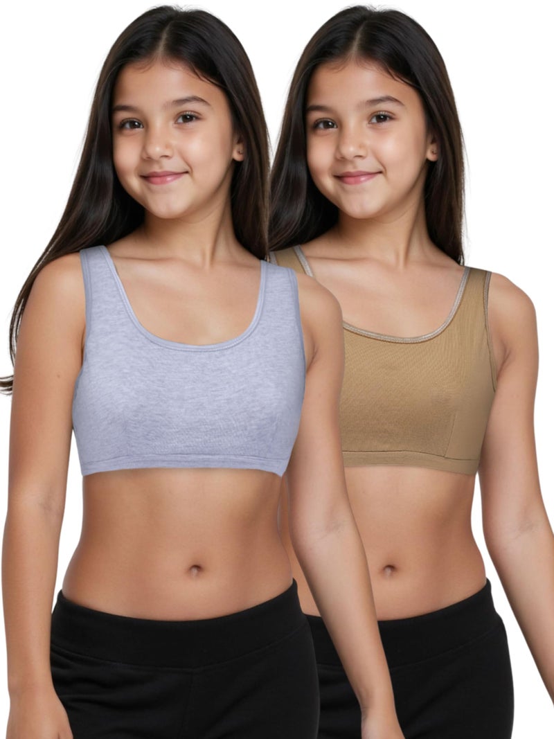 DChica Essentials Sports Bra for Girls, Cotton Non-Padded Full Coverage Beginners Non-Wired T-Shirt Gym Workout Bras with Regular Broad Strap, Training Activewear for Teenager Kids (Pack of 2) - Image 1