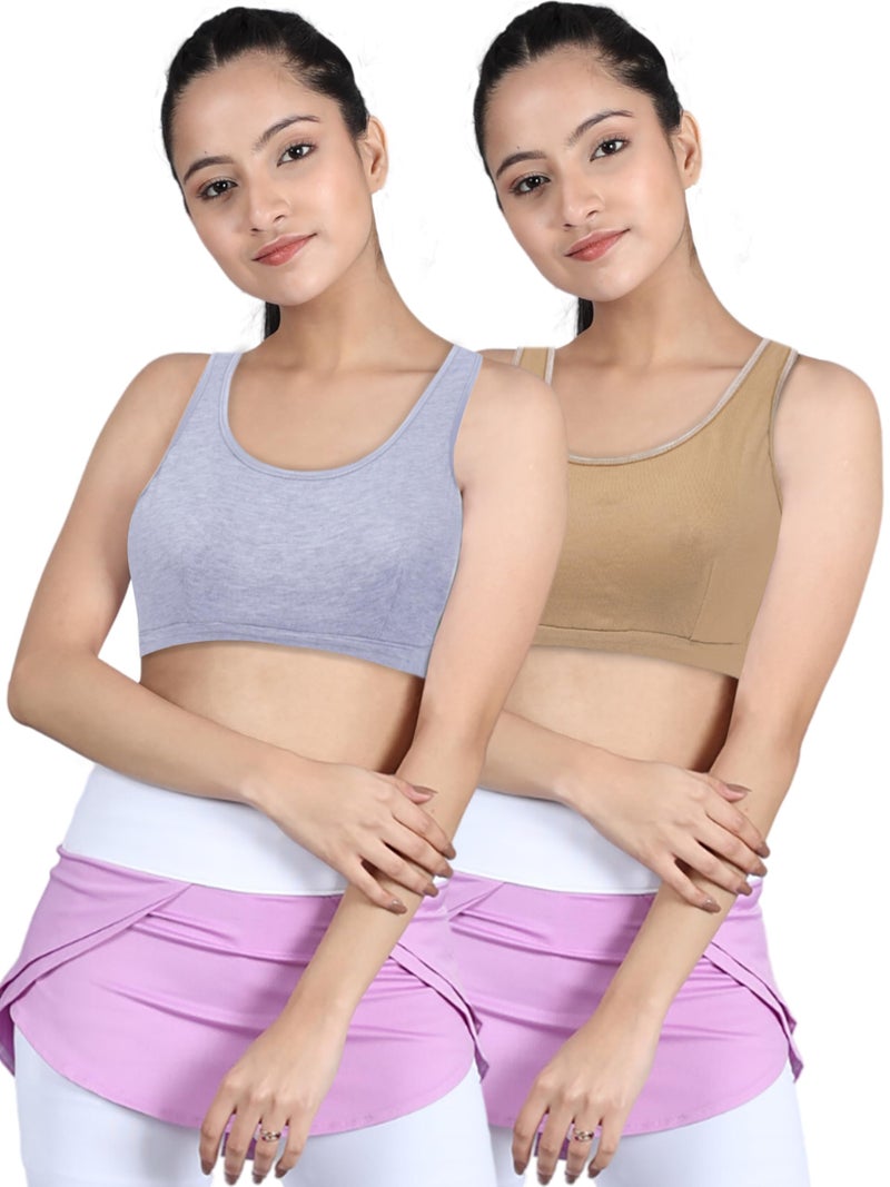 DChica Essentials Sports Bra for Girls, Cotton Non-Padded Full Coverage Beginners Non-Wired T-Shirt Gym Workout Bras with Regular Broad Strap, Training Activewear for Teenager Kids (Pack of 2) - Image 3