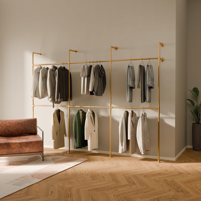 pamo pamo Industrial Pipe Clothing Rack Gold  880 lbs Capacity  Wall Mounted Clothes Rack and Walk In Closet for Wardrobe 
