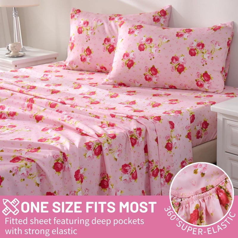 Bedlifes King Size Extra Deep Pocket Sheet Sets - Fits Mattresses Up to 18-24" Thick, 4-Piece Microfiber Set with 1800 Thread Count, Soft, Smooth, Breathable, Featuring Pink Floral Red Rose - Image 4