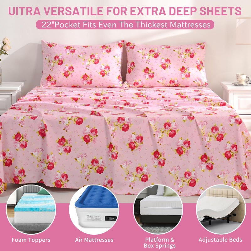 Bedlifes King Size Extra Deep Pocket Sheet Sets - Fits Mattresses Up to 18-24" Thick, 4-Piece Microfiber Set with 1800 Thread Count, Soft, Smooth, Breathable, Featuring Pink Floral Red Rose - Image 5