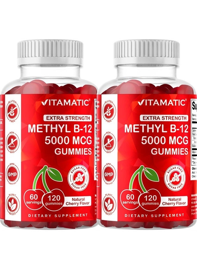 Vitamatic 2 Packs Extra Strength Vitamin B12 5000 mcg (Methyl B12) Gummies - 120 Count - Energy Metabolism Support and Nervous System Health Support, Natural Cherry Flavored - Image 1
