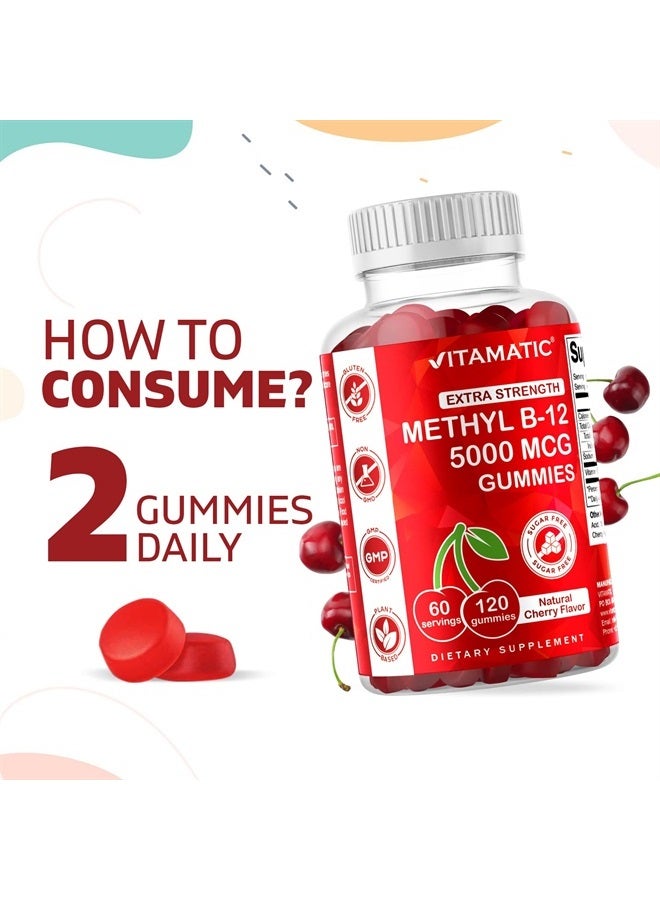 Vitamatic 2 Packs Extra Strength Vitamin B12 5000 mcg (Methyl B12) Gummies - 120 Count - Energy Metabolism Support and Nervous System Health Support, Natural Cherry Flavored - Image 4