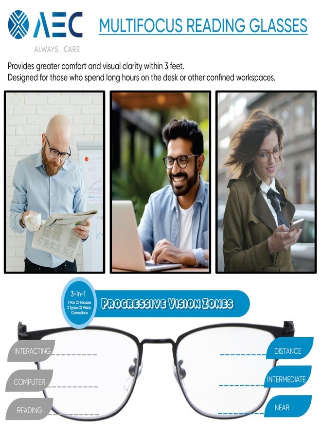 AEC Focus4 Progressive Unisex Reading Glasses | Full Rim Rectangular Metal Frame | Anti-Blue Light Multifocal Eyewear | Includes Hard Case & Cleaning Cloth (Black, +3.00) - Image 2