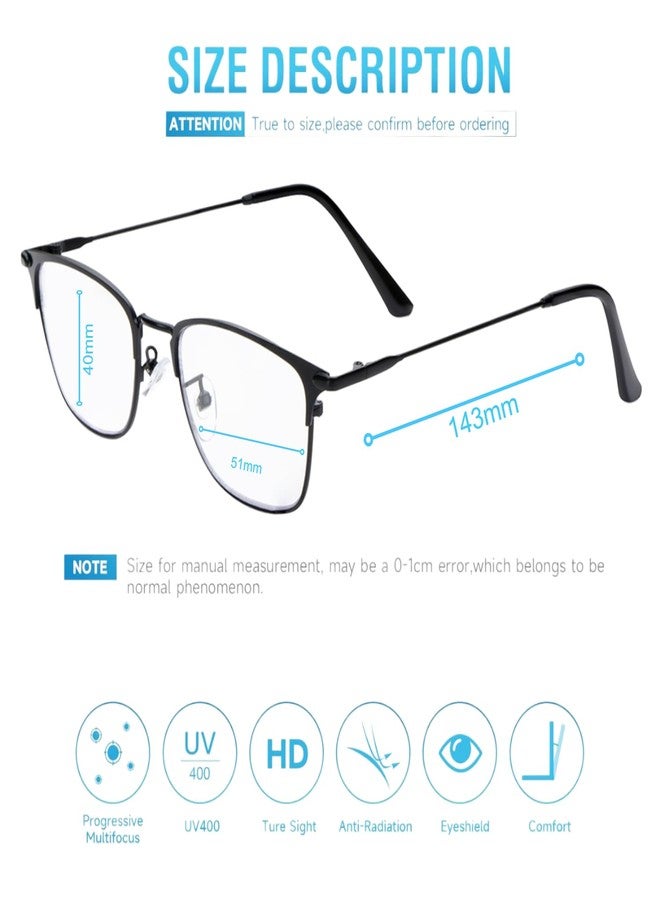 AEC Focus4 Progressive Unisex Reading Glasses | Full Rim Rectangular Metal Frame | Anti-Blue Light Multifocal Eyewear | Includes Hard Case & Cleaning Cloth (Black, +3.00) - Image 3