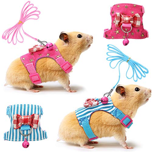 SATINIOR 2 Pieces Small Hamster Harness and Leash Set, Ferret Guinea Pig Clothes with Bowknot and Bell Decor, No Pulling Comfort Padded Vest Striped for Rats Bunny Rabbit Small Animals(M,Pink, Blue) - Image 1