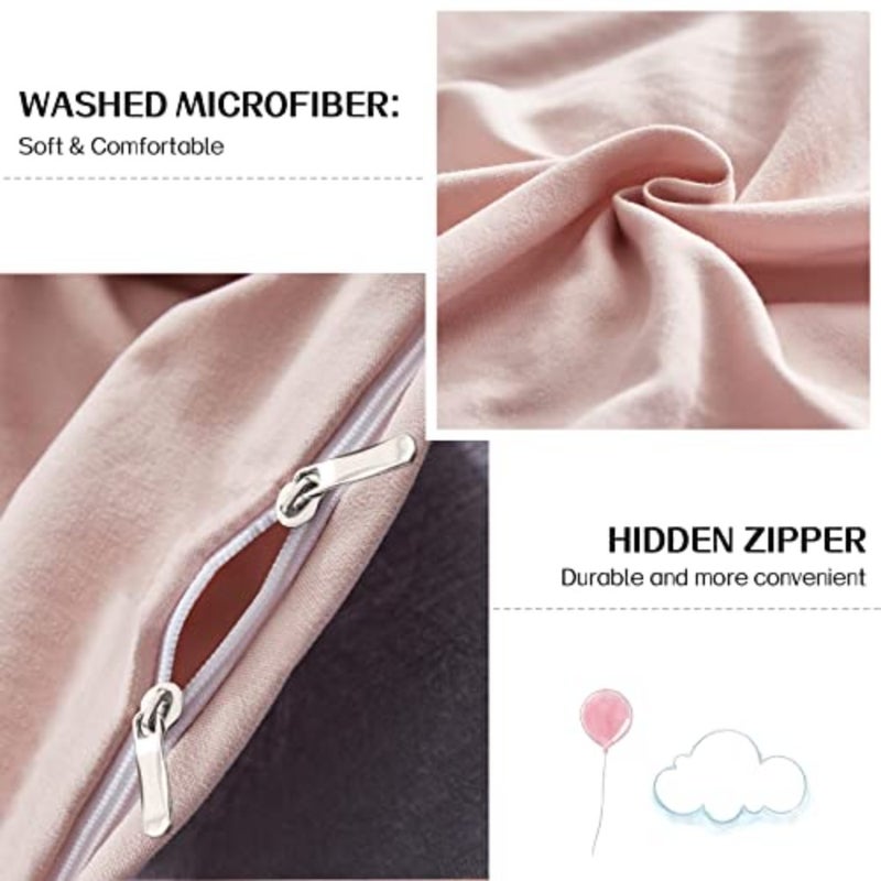 Duvet Cover, Washed Microfiber Pink Size Duvet Cover Set, Solid Color - Soft and Breathable with Zipper Closure and Corner Ties - Image 4