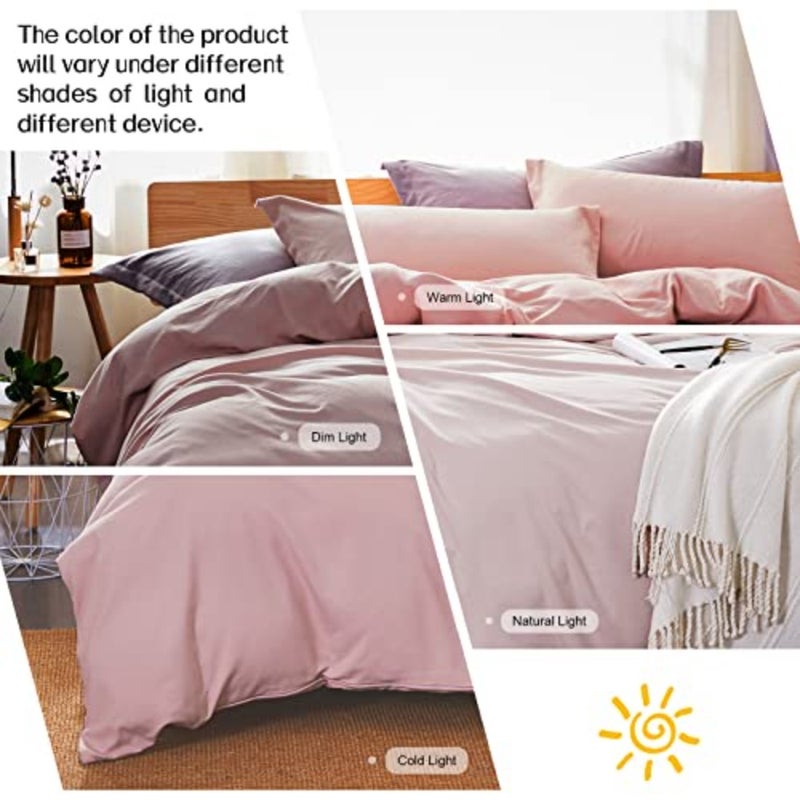 Duvet Cover, Washed Microfiber Pink Size Duvet Cover Set, Solid Color - Soft and Breathable with Zipper Closure and Corner Ties - Image 3