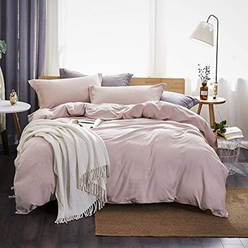 Duvet Cover, Washed Microfiber Pink Size Duvet Cover Set, Solid Color - Soft and Breathable with Zipper Closure and Corner Ties - Image 1