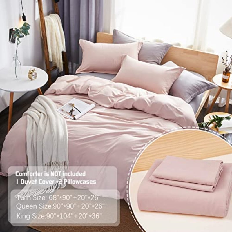 Duvet Cover, Washed Microfiber Pink Size Duvet Cover Set, Solid Color - Soft and Breathable with Zipper Closure and Corner Ties - Image 2