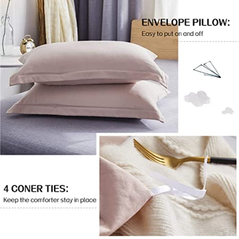 Duvet Cover, Washed Microfiber Pink Size Duvet Cover Set, Solid Color - Soft and Breathable with Zipper Closure and Corner Ties - Image 5