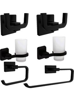 Black Square Coverless Toilet Paper Holder, 2 Bathrobe Hangers, Solo Towel Holder, Toothbrush Holder 6 Piece Set