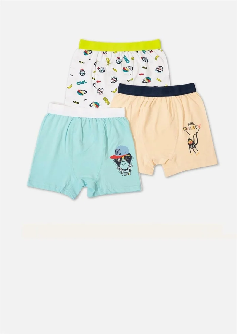 Defne Monkey Pattern Printed Lycra Combed Cotton Boy 3-Piece Boxer Set