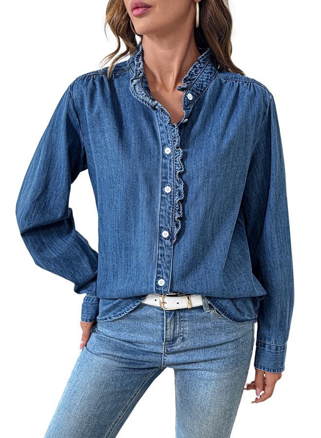 Sidefeel Womens Denim Shirt Button Down Long Sleeve Ruffled Edge Jean Blouses Tops, Dark Blue, XXL - Image 1