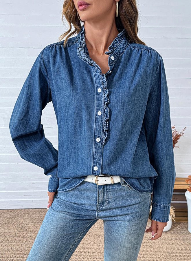 Sidefeel Womens Denim Shirt Button Down Long Sleeve Ruffled Edge Jean Blouses Tops, Dark Blue, XXL - Image 2