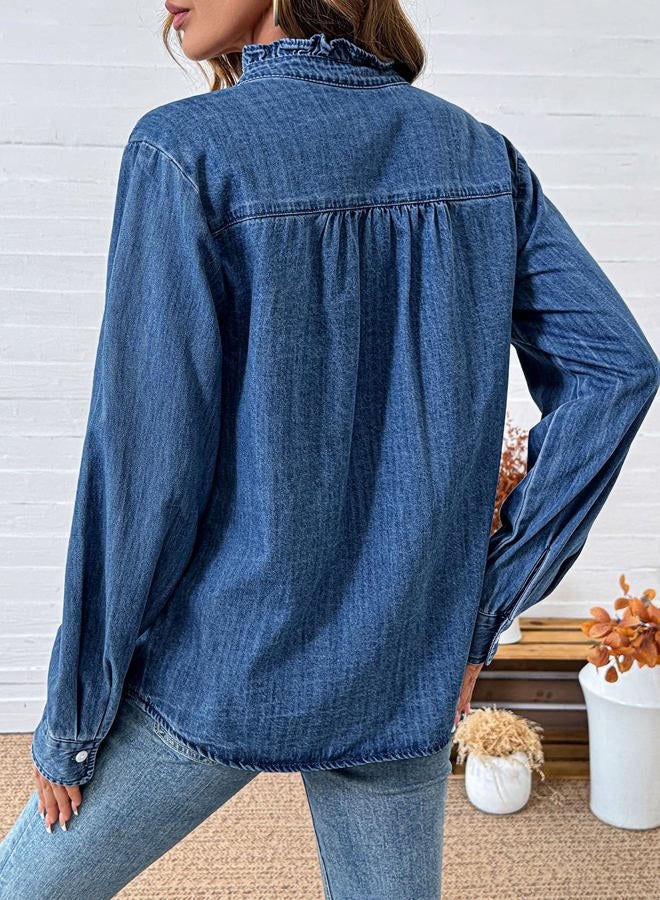 Sidefeel Womens Denim Shirt Button Down Long Sleeve Ruffled Edge Jean Blouses Tops, Dark Blue, XXL - Image 3