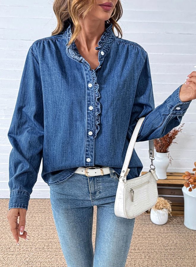 Sidefeel Womens Denim Shirt Button Down Long Sleeve Ruffled Edge Jean Blouses Tops, Dark Blue, XXL - Image 4