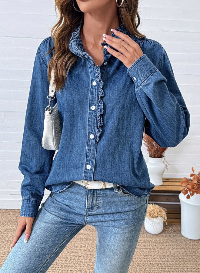 Sidefeel Womens Denim Shirt Button Down Long Sleeve Ruffled Edge Jean Blouses Tops, Dark Blue, XXL - Image 5