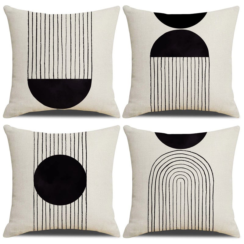 IcosaMro Black and White Throw Pillow Covers 18x18 Set of 4 Boho Throw Pillow Cover Beige Mid Century Modern Arch Sun Decor Decorative Bohemian Cotton Linen Cushion Case - Image 1