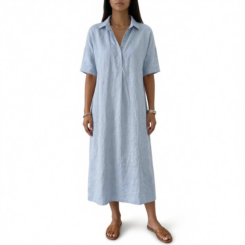 Women Casual Straight Fit Linen Short Sleeve Polo Dress - Image 1