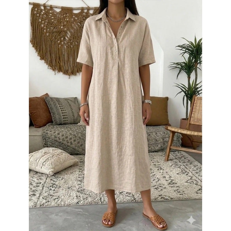 Women Casual Straight Fit Linen Short Sleeve Polo Dress - Image 2
