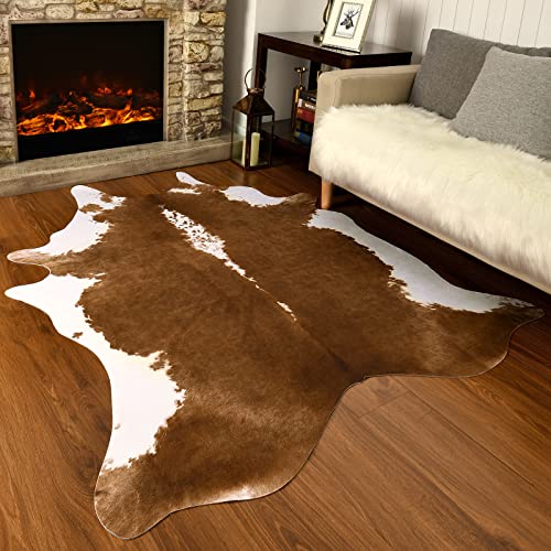 AROGAN Premium Faux Cowhide Rug 4.6 x 5.2 Feet, Sturdy and Large Size Cow Print Rugs, Suitable for Bedroom Living Room Western Decor, Faux Fur Animal Cow Hide Carpet, Brown - Image 3
