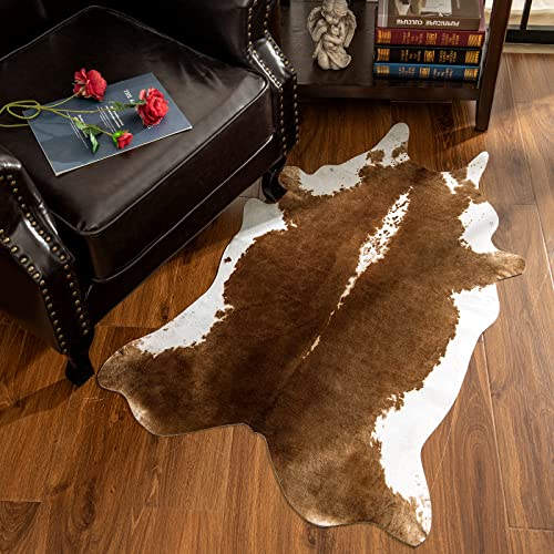 AROGAN Premium Faux Cowhide Rug 4.6 x 5.2 Feet, Sturdy and Large Size Cow Print Rugs, Suitable for Bedroom Living Room Western Decor, Faux Fur Animal Cow Hide Carpet, Brown - Image 5