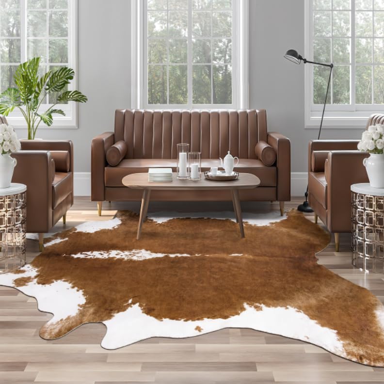 AROGAN Premium Faux Cowhide Rug 4.6 x 5.2 Feet, Sturdy and Large Size Cow Print Rugs, Suitable for Bedroom Living Room Western Decor, Faux Fur Animal Cow Hide Carpet, Brown - Image 1