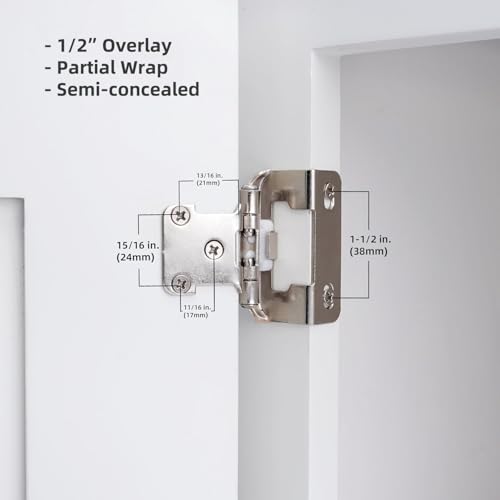 Decobasics 50 Pack 1/2" Overlay Brushed Nickel Cabinet Hinges for Cabinet Doors (25 Pairs) – Self-Closing Semi-Wrap Face Frame Hinges for Cupboard & Kitchen Doors w/Screws & Quiet Bumpers - Image 3