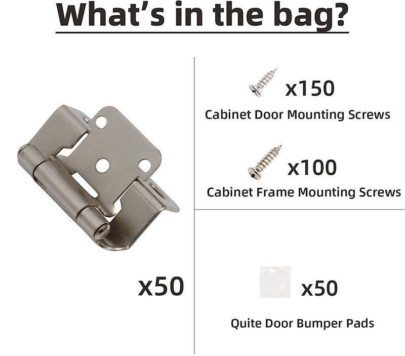 Decobasics 50 Pack 1/2" Overlay Brushed Nickel Cabinet Hinges for Cabinet Doors (25 Pairs) – Self-Closing Semi-Wrap Face Frame Hinges for Cupboard & Kitchen Doors w/Screws & Quiet Bumpers - Image 5
