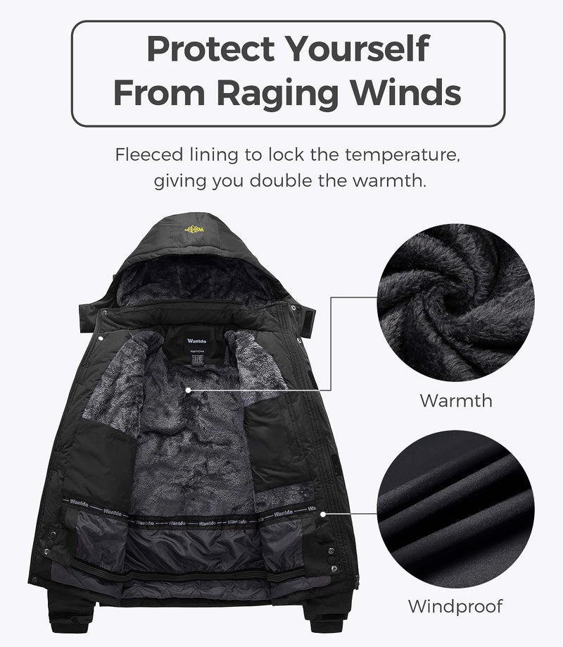 wantdo Men's Big and Tall Waterproof Ski Jacket Hood Winter Snow Coats Black 3XL - Image 3